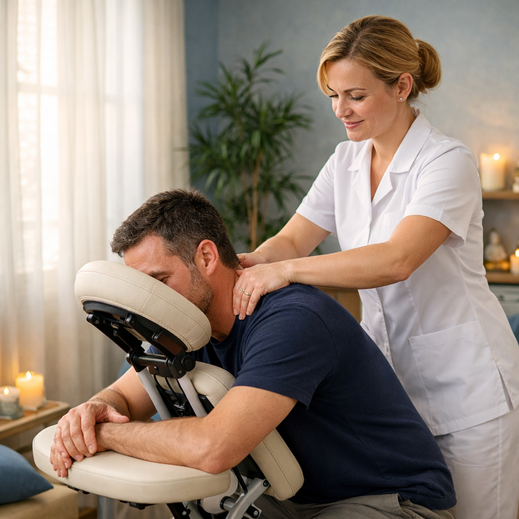 photographic Dans une salle de soins apaisante une infirmire vtue dune blouse blanche effectue un massage amma sur un homme assis confortablement sur